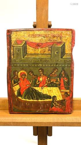 天主之母诞辰的圣像木板上的钢笔画和黄金希腊，20世纪。高度：28厘米...