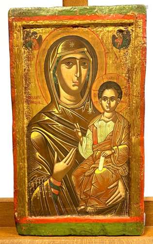 天主之母Hodigitria圣像木板上的钢笔画和黄金希腊，20世纪高度：33...