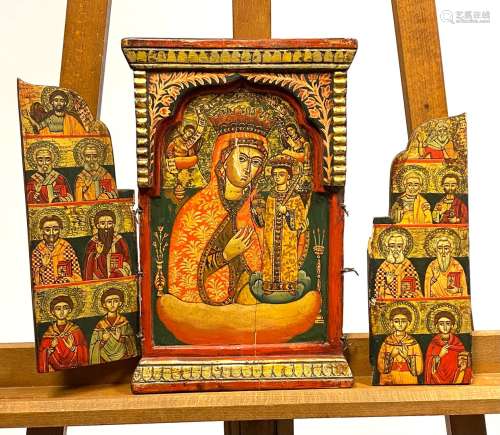 双联画，中间是不可侵犯的天主之母，两侧是圣徒的集会。巴尔干半岛，...