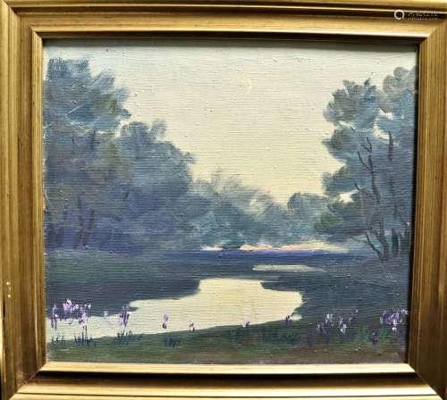 二十世纪的东欧学派黄昏时分的湖泊景观布面油画有框A观点 32 x 3...
