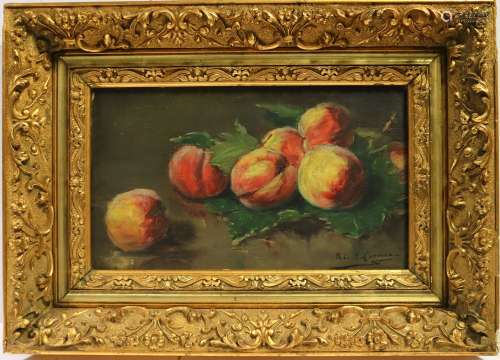法国学校，19世纪末桃子的静物画板上油彩右下方有签名19 x 32,5 c...