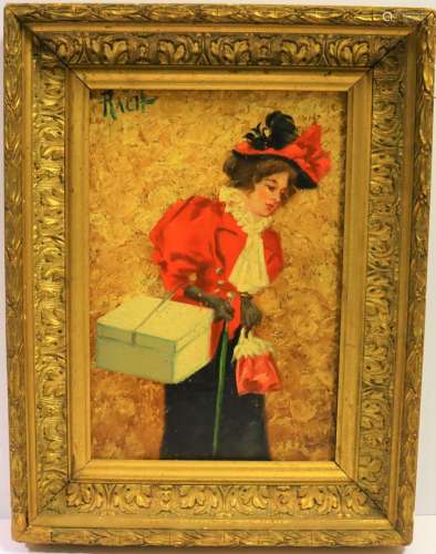 RACH (1853-?)戴着红帽子的优雅女人板上油彩，斜面左上角有签名28...