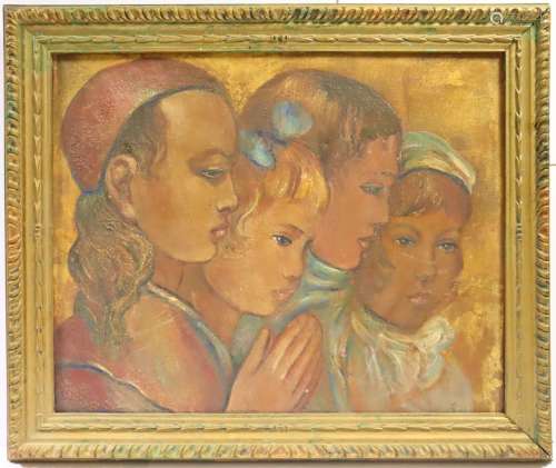 现代学校，20世纪初四个孩子的侧面祈祷金色背景上的布面油画38 x ...