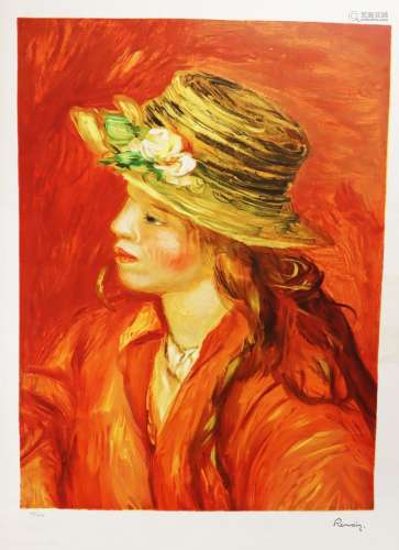 在皮埃尔-奥古斯特-雷诺尔（1841-1919）之后戴着黄帽子的少女画像彩...