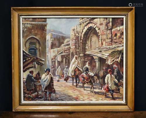 20世纪的东方主义流派 集市日的热闹街道布面油画46 x 55厘米