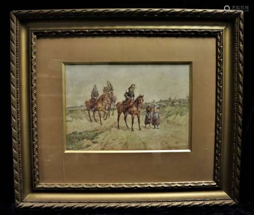 奥兰多-诺里（1832-1901）马背上的骑兵与两位年轻女性的对话纸上水...