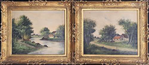 L. HENRY (19-20世纪)湖边的房子两幅布面油画挂件左下角有一个签...