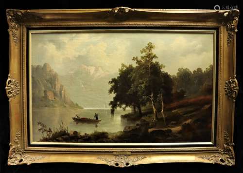 阿尔弗雷德-梅策纳(1833-1905)湖泊景观与一对渔民布面油画右下方...