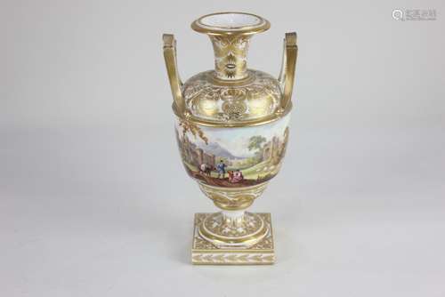 An early 19th century Derby porcelain two handled vase, deco...