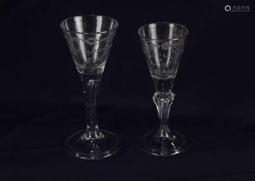 An 18th century style wine glass, the drawn funnel bowl engr...