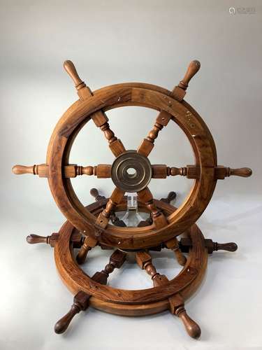 Two brass and teak ships wheels, 62cm diameter