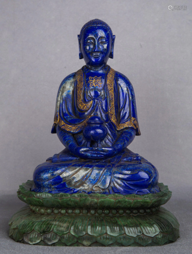 A CARVED LAPIS LAZULI BUDDHA AND SPINACH JADE STAND