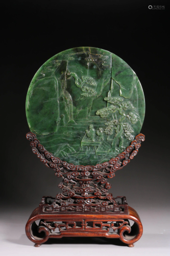 A CARVED SPINACH JADE TABLE SCREEN