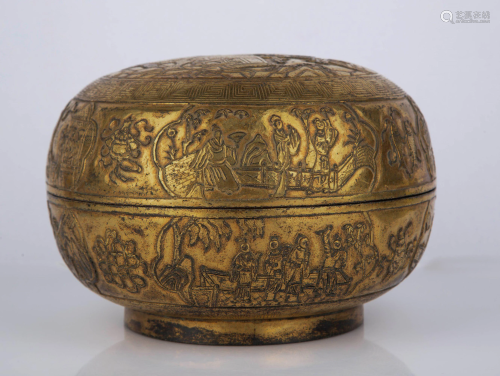 A CARVED GILT-BRONZE BOX AND COVER.