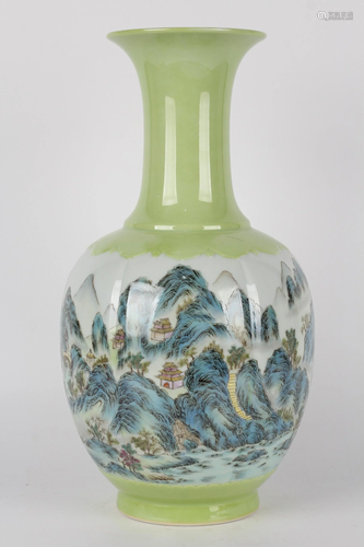 A GREEN-GROUND FAMILLE ROSE VASE.MARK OF QIANLONG