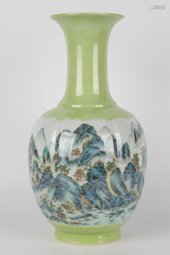 A GREEN-GROUND FAMILLE ROSE VASE.MARK OF QIANLONG