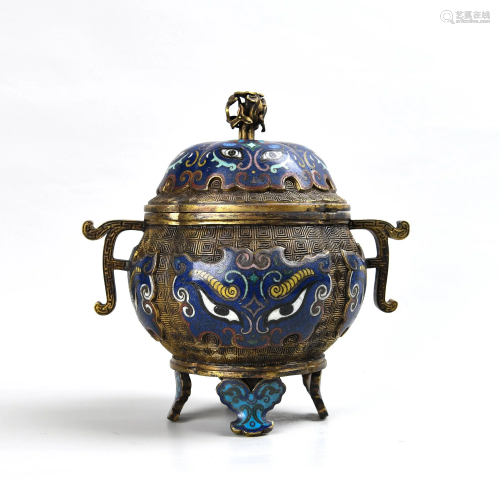 A CLOISONNE ENAMEL BRONZE CENSER AND COVER.MAR…