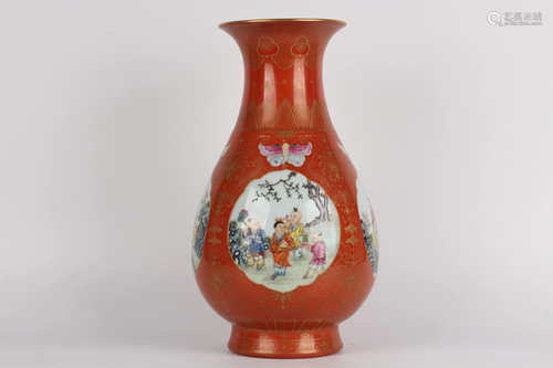 A COPPER-RED GROUND FAMILLE-ROSE VASE.MARK OF QIANL…