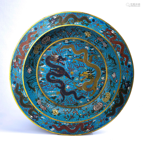 A CLOISONNE ENAMEL BRONZE 'DRAGON' DISH.MARK OF …