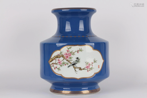 A BLUE-GROUND FAMILLE-ROSE VASE