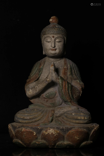 A CARVED PAINTED WOOD SHAKYAMUNI.QING PERIOD