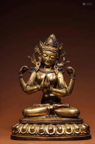 A GILT-BRONZE FIGURE OF GUANYIN.MING PERIOD