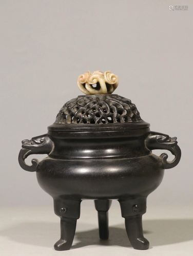 A CARVED ZITAN TRIPOD CENSER AND COVER