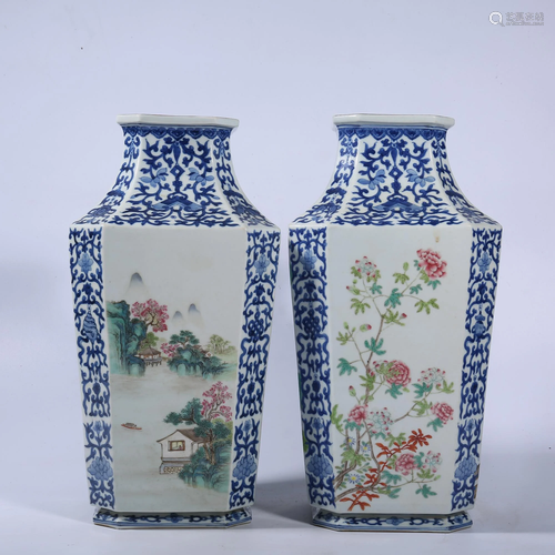 A PAIR OF FAMILLE-ROSE BLUE AND WHITE VASES.MARK OF