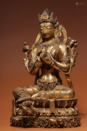 A GEM'S INLAID GILT-BRONZE AMITAYUS.QING PERIOD