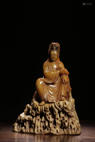 A CARVED SOAPSTONE GUANYIN.QING PERIOD