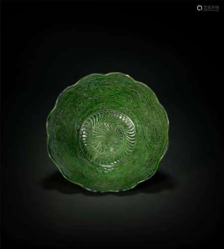 Green glazed bowl with flower painting from Liao