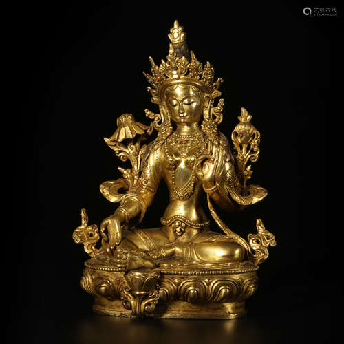 Copper and Golden Green tara Buddha Statue from Ming