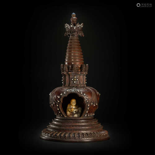 Wood carving buddhist relics tower from Qing