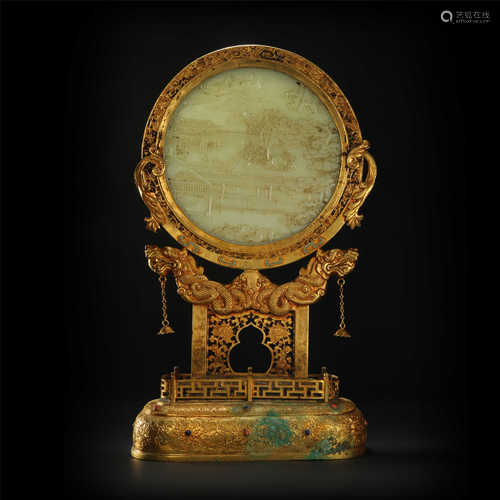 Copper and gilding, jade screen from ancient China