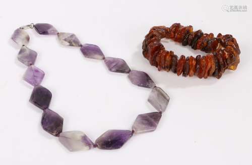 Amber bracelet, gross weight 52.8g together with an amethyst...