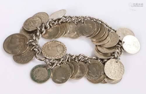 Silver coin bracelet made of three pence pieces, with silver...