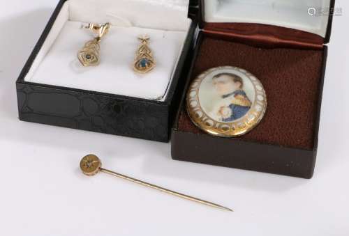 A pair of yellow metal earrings together with a porcelain pa...