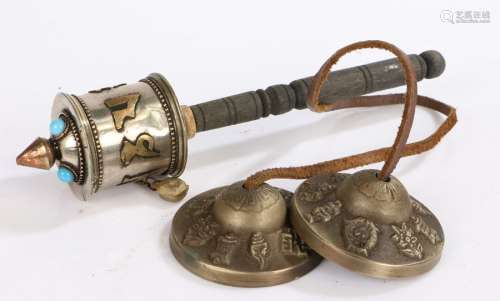 Tibetan white metal prayer wheel, mounted with three turquoi...