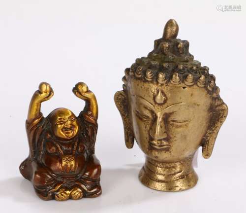 Indian brass buddha's head, 10cm high, and a small bronzed b...