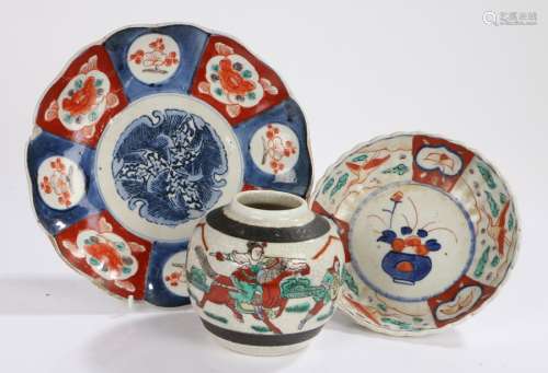 Japanese Imari plate, with frilled rim, and decorated in red...