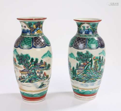 Pair of Japanese porcelain vases, each having flared necks a...