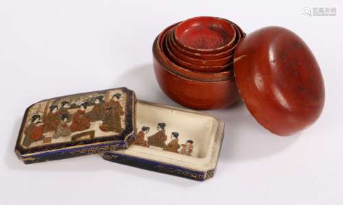 Japanese Satsuma dish and cover, the lid painted with seated...