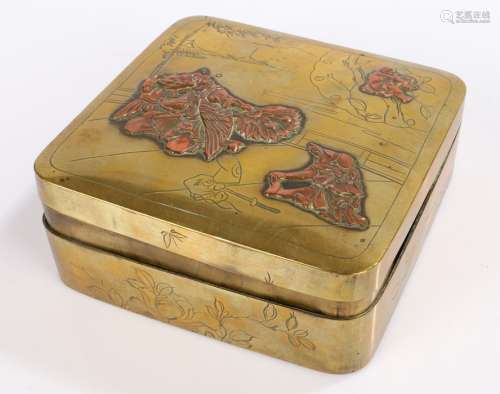 20th Century Oriental brass and copper overlaid box, of squa...
