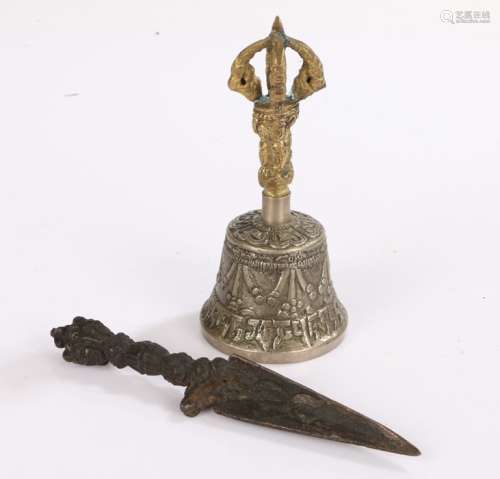 Tibetan bronzed miniature Phurbu, 13cm long, together with a...