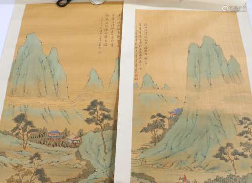 Two Japanese scrolls, depicting landscapes with pagodas and ...