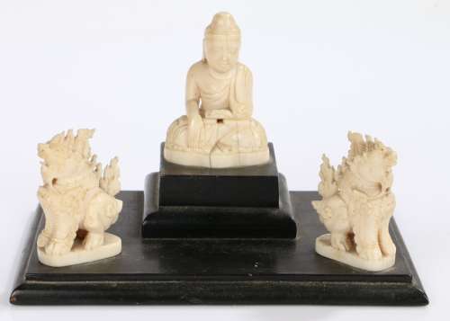 Early 20th Century carved ivory buddah and two dogs of fo, o...