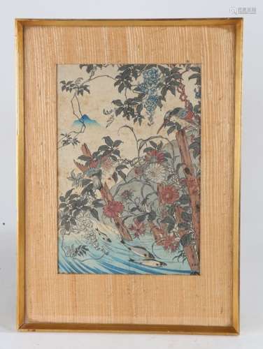 19th Century Japanese woodblock print, study of perched bird...