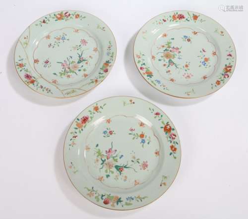 Three 18th Century Chinese porcelain plates, each painted wi...