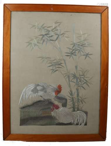 Large Chinese silk embroidery, depicting two cockerels by a ...