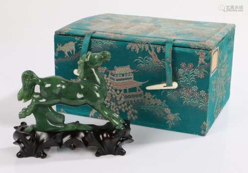 20th Century Chinese spinach jade horse, with ebonised plint...